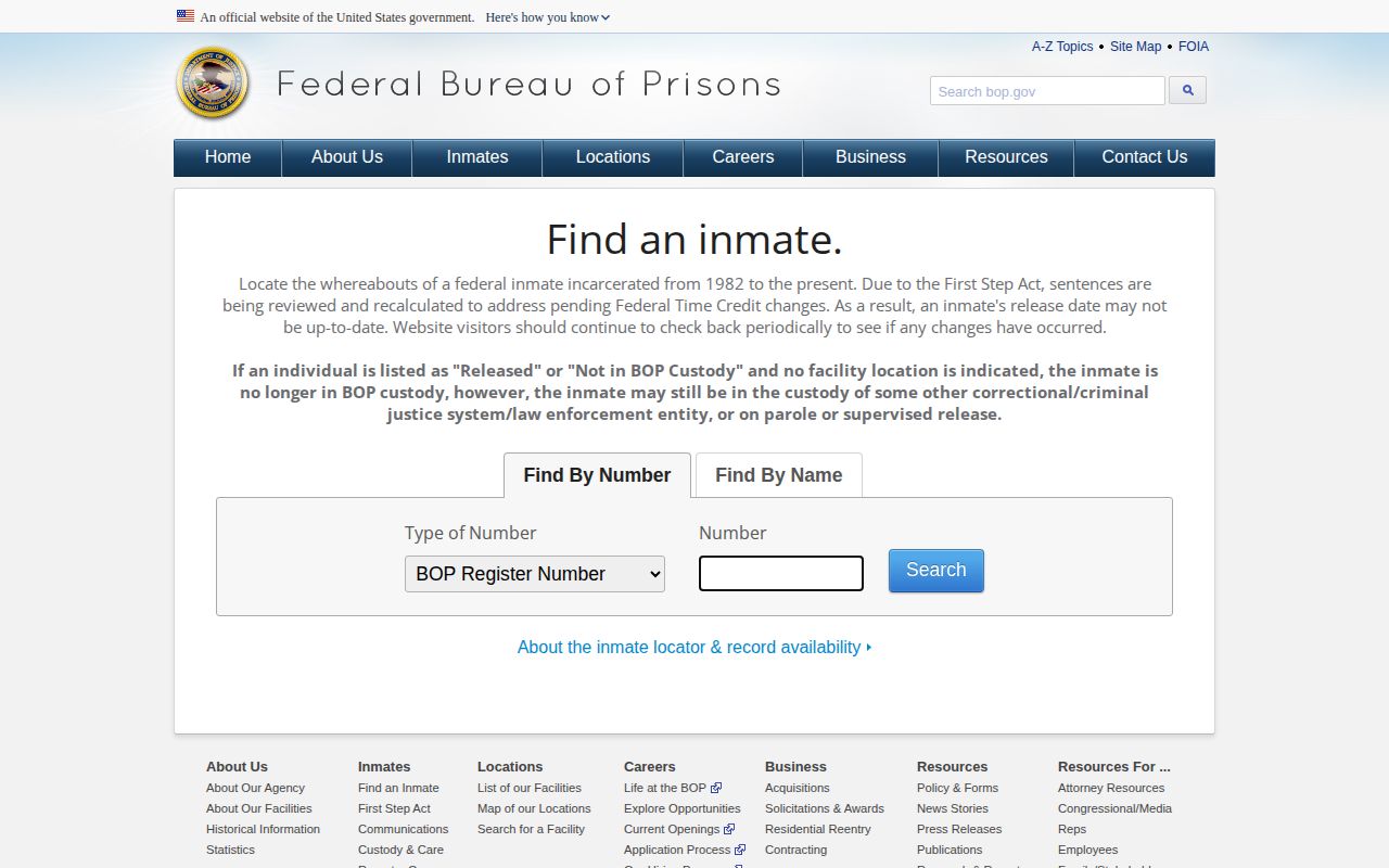 Federal Bureau of Prisons Inmate Locator search and released-result format