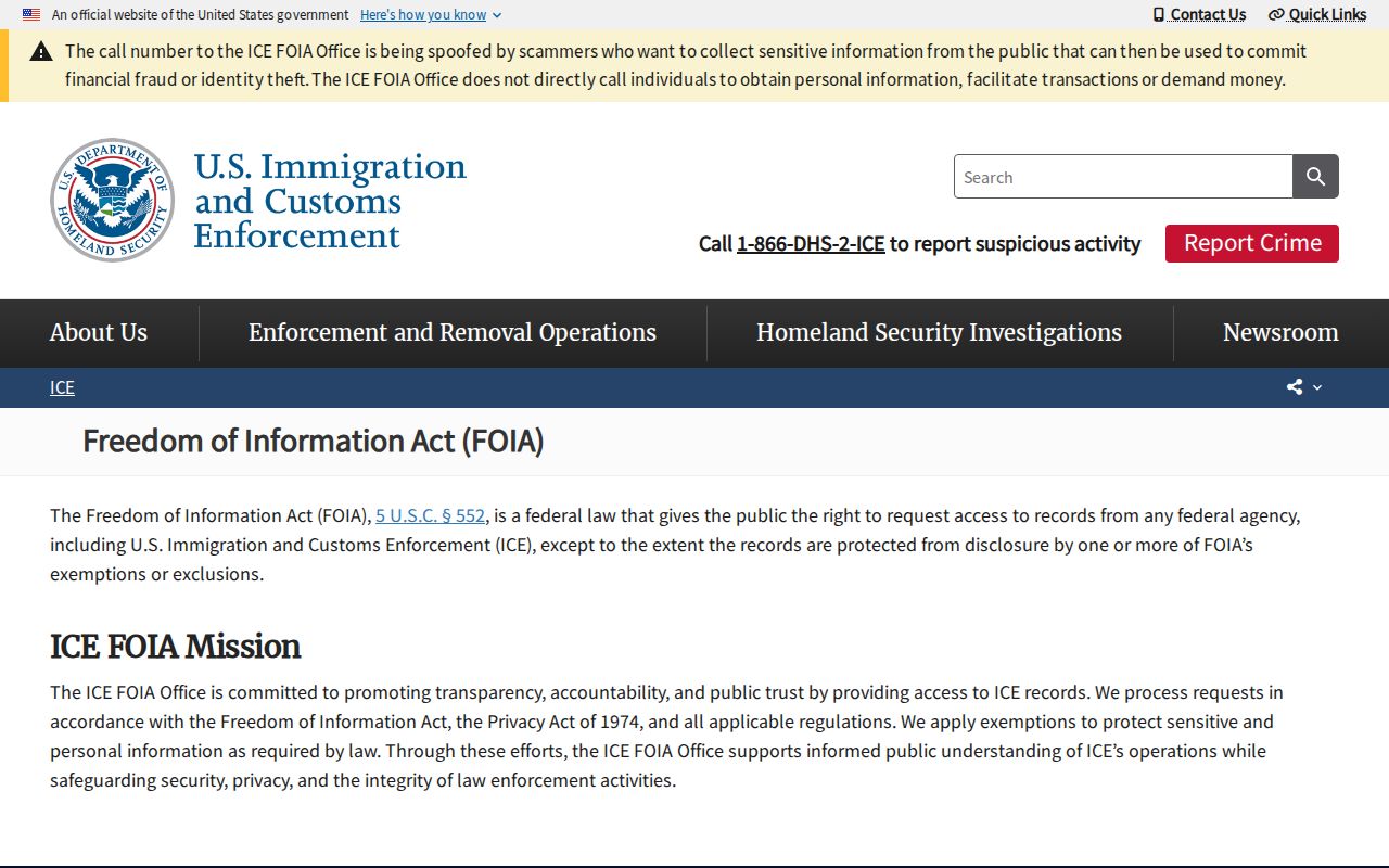 Official ICE Freedom of Information Act request page for detention records