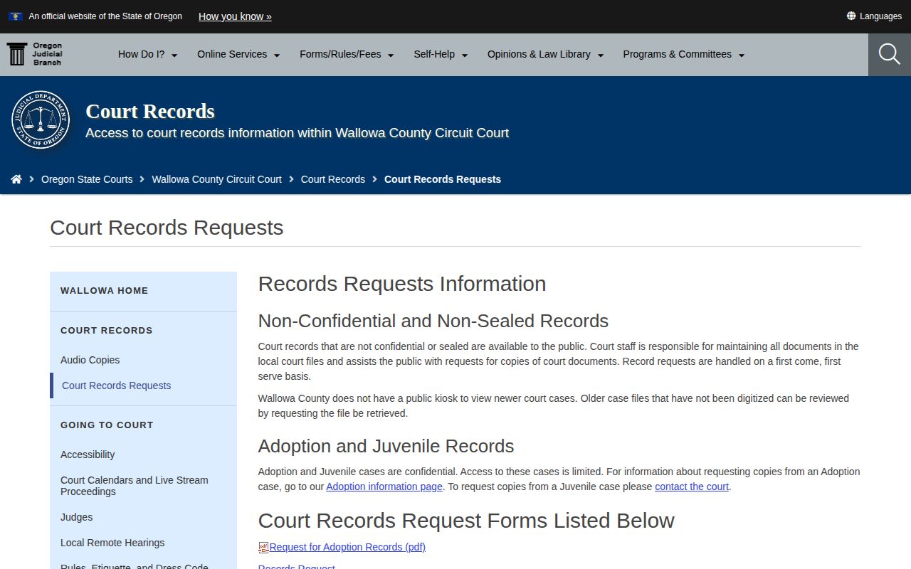 Wallowa Circuit Court case file request for 72 hour release verification