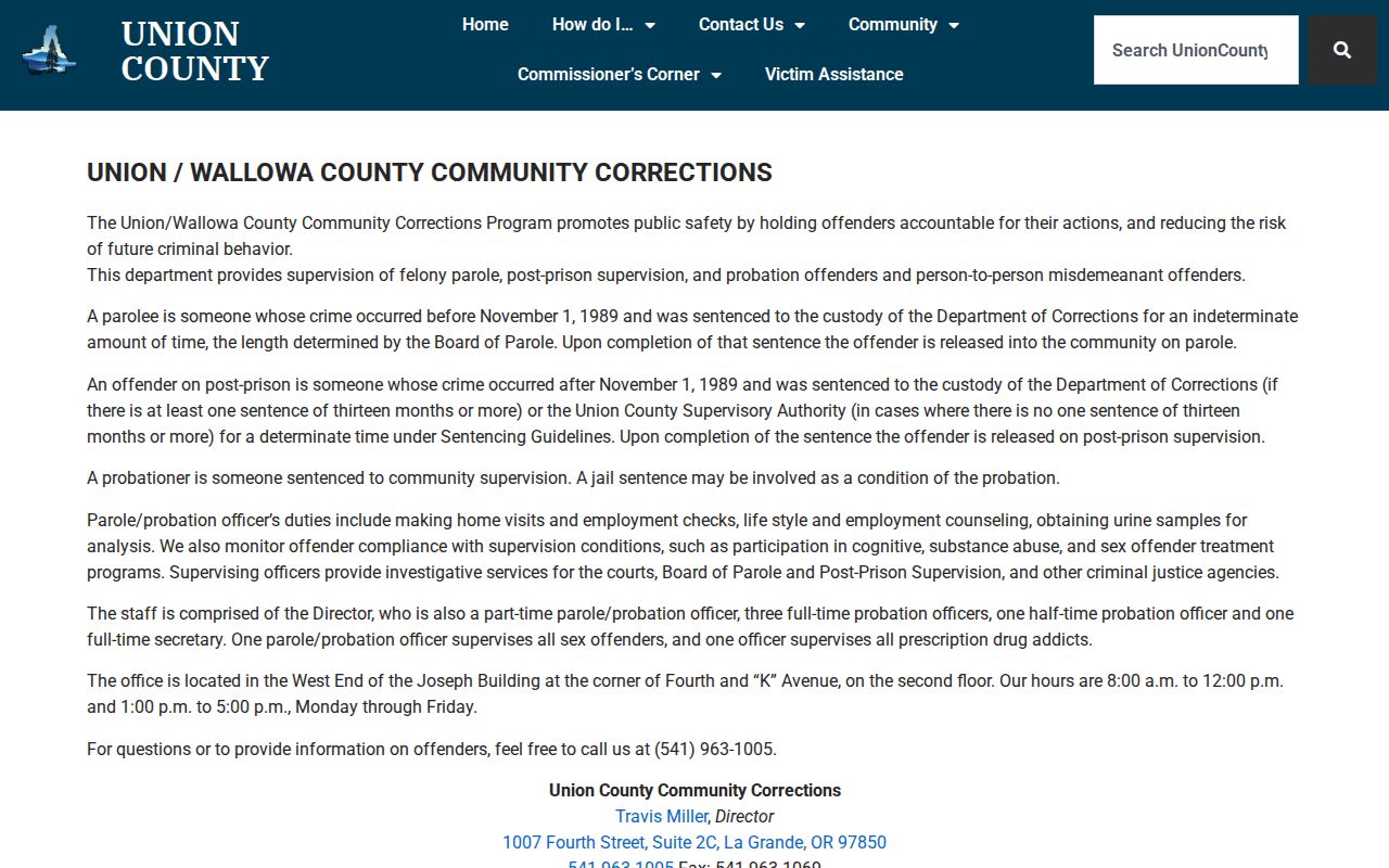 Union and Wallowa County parole and probation program page